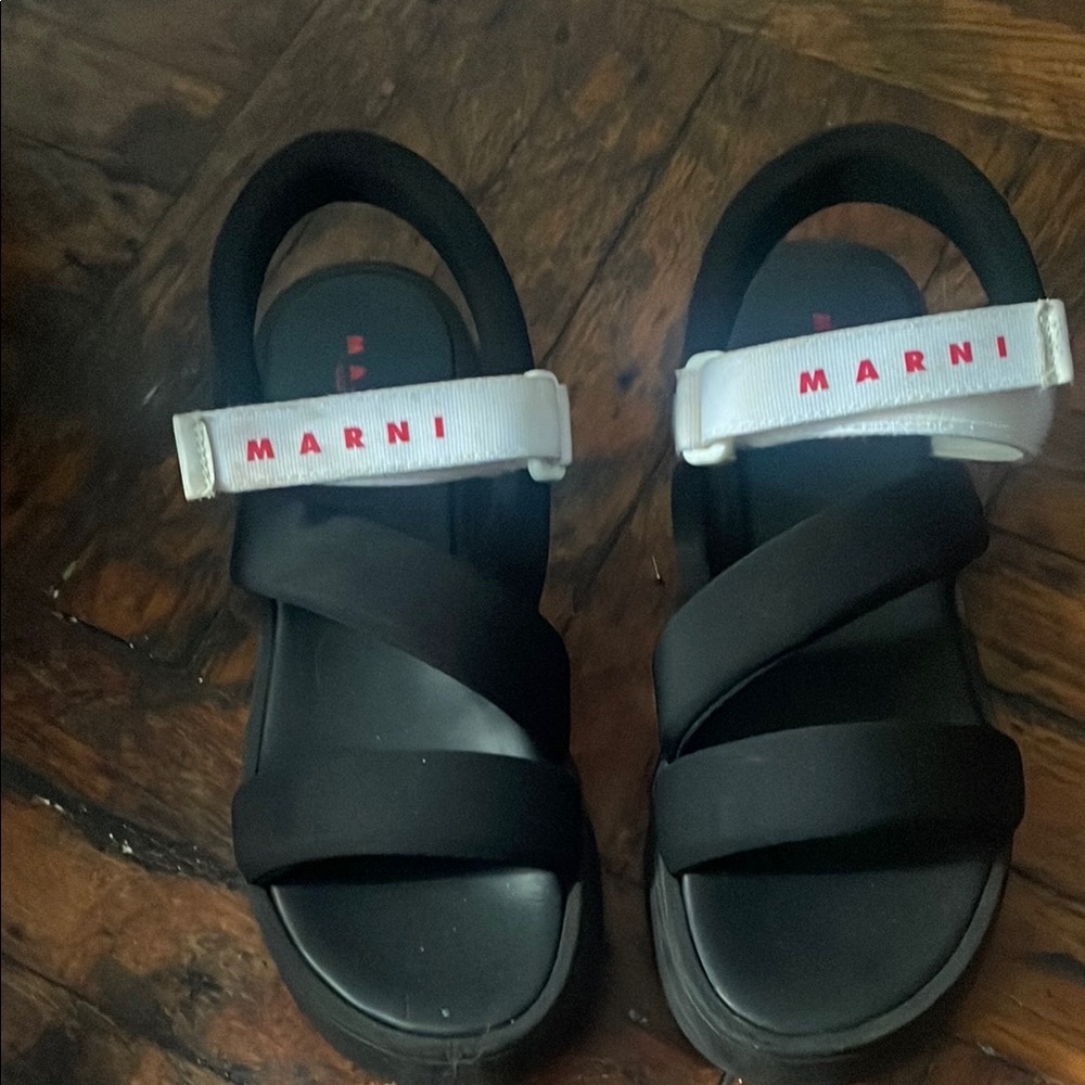 Marni Black and White Sandals with Red Logo